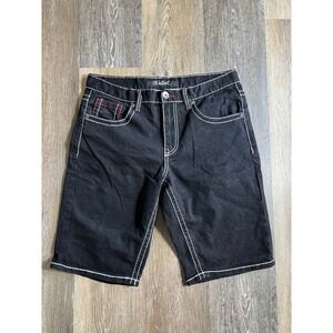 True Luck Mens Black Denim Shorts Contrast White Stitching Size 32 Embroidered